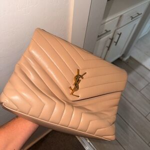 YSL PURSE Calfskin Y Quilted Monogram Medium Loulou Chain Satchel Dark Beige